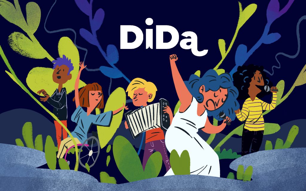 Five illustrated characters perform in the middle of plants against a dark blue background. One signs, one dances using a wheelchair, one plays the accordion, one dances on two legs, and one sings or speaks into a microphone. People have different skin colors and different hair colors, e.g. blue and purple. DiDa logo at the top.