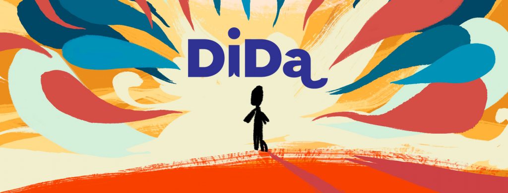 DiDan logo, yksi piirretty muusta ihmishahmo ja kehyksenä Sinisen ja punaisen vivahteiset säikeet eteenpäin lentävässä asennossa.